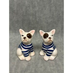 Unbranded Vintage Salt and Pepper Shakers Blue White French Bulldog Set